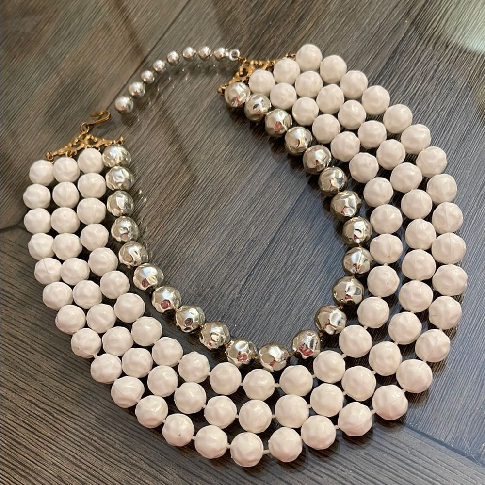 Vintage 4 Strand White and Metallic Necklace